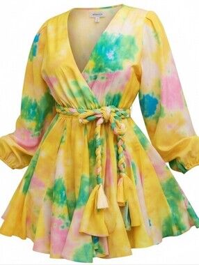 L'ATISTE BY AMY | Tie Dye Boho Babydoll Surplice Neck Belted Mini Dress | 3X